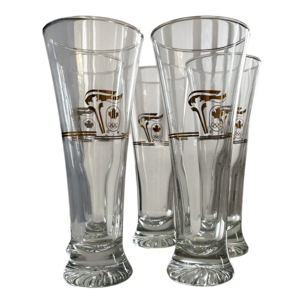 1988 Calgary Olympics Beer Glass Set 5 Petro Canada Promo 22K Gold Pilsner Glass